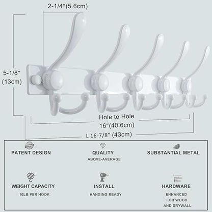 Dseap Coat Rack Wall Mount, Heavy Duty 12-Gauge Base vs Flimsy 1mm, Double-Thick Solid Anti-Snap Hooks, 16” Stud-Mount, Stainless Steel Hanger for Clothes Hat Entryway Closet Mudroom, White - color: White, size: L=17" (1pcs)