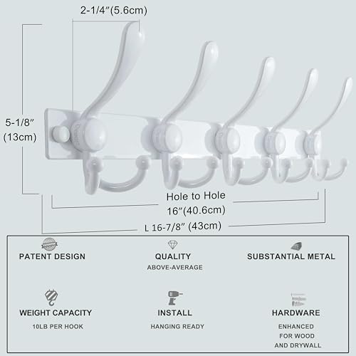 Dseap Coat Rack Wall Mount, Heavy Duty 12-Gauge Base vs Flimsy 1mm, Double-Thick Solid Anti-Snap Hooks, 16” Stud-Mount, Stainless Steel Hanger for Clothes Hat Entryway Closet, White, Pack of 2 - color: White, size: L=17" (2pcs)