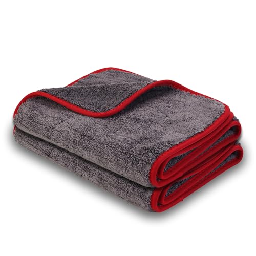 2-Pack 1200 GSM Car Drying Towels – Microfiber Towels for Cars (36" x 12"), Ultra-Absorbent, Streak-Free, Scratch-Free, No Water Spots, Double-Coral Fleece Microfiber & Gray & Red Hemmed Edges