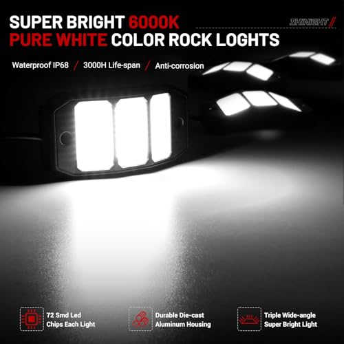 SHINIGHT 16PCS White Rock Lights, Super Bright Pure White 6000K Rock Lights for Trucks,72 SMD LED Chips Each Light,3M/9.84FT Extension Wires,Waterproof IP68 Underglow Lights for ATV UTV Cars Boats - size: 16 Pods
