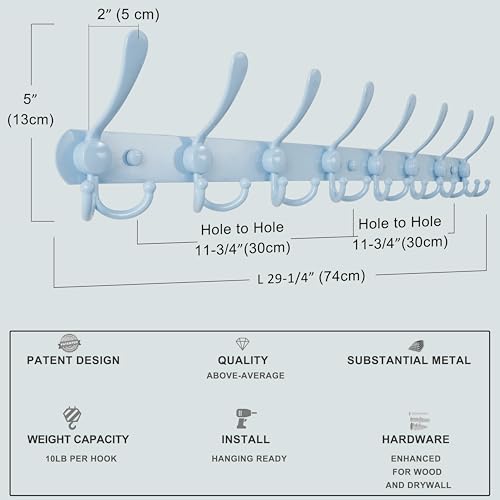 Dseap Coat Rack Wall Mount - 29.5” Long 8-Tri-Hooks Heavy Duty Coat Hanger Rail Wall Hooks for Hanging Coats Hats Clothing Clothes Purse Mudroom Entryway, Blue, Pack of 2 - color: Blue, size: L=29.5” (2 Pcs)