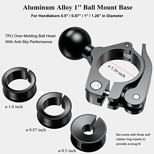BRCOVAN 10 PCS, Aluminum Alloy Handlebar Clamp Mount Base with 1'' TPU Ball | for Rail 0.5'' 0.87'' 1'' 1.125'' 1.26'' in Diameter, Fit for RAM Mounts B Size 1 Inch Ball Double Socket Arm, Tool-Less - style: R18-Set of 10