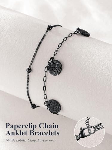U7 Silver/Gold Ankle Bracelets for Women Layered Chain Anklets Stainless Steel Waterproof Summer Beach Anklet Cham, Adjustable 8.5"-10.5" - color: Black - Ball Chain+Paperclip Chain