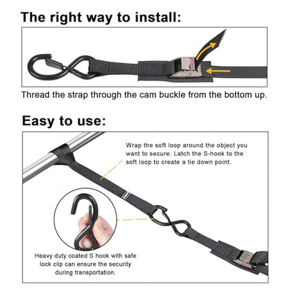 Ayaport Cam Buckle Tie Down Straps 12ft 1250lbs Break Strength 4 pcs Securing Straps with S Hooks for Motorcycle, Car, Truck, Dirt Bike - size: 1"x12'-4pcs