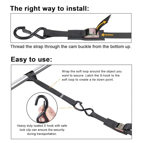 Ayaport Cam Buckle Tie Down Straps 8ft 1250lbs Break Strength 4 pcs Securing Straps with S Hooks for Motorcycle, Car, Truck, Dirt Bike - size: 1"x8'-4pcs