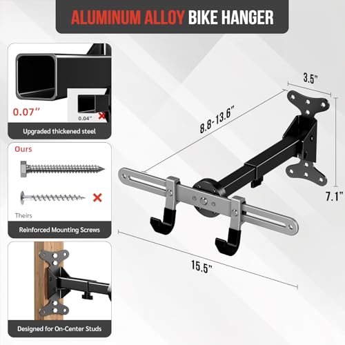 Heavy-Duty Bike Wall Mount for Garage Aluminum Alloy & Steel Folding Bicycle Rack,360° Rotation,Adjustable Hook, 66lbs Capacity Horizontal Indoor Bike Storage, for Road Mountain Hybrid Bikes - size: 1 PACK