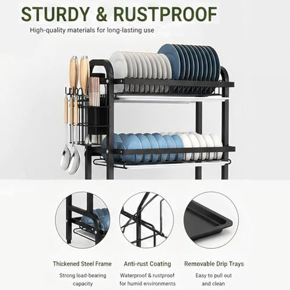3 Tier Dish Drying Rack for Kitchen Counter, Large Capacity Dish Rack with Drainboard Set & Utensil Holder, Rustproof Metal Dish Drainer with Cup Bowl Plate Storage - color: Black1