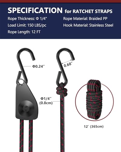 VIPARSPECTRA Ratchet Tie Down Straps, 1/4" Adjustable Rope Hangers [8 Pack, 12FT, 150 lbs/Pack], Heavy Duty Kayak Pulley System with Hooks for Garage Cargo Trucks Tents Grow Lights Various Lashing - size: 1/4" 8-Pack