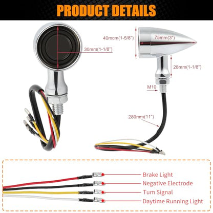 DREAMIZER Motorcycle Led Turn Signal Lights 2x, Bullet Blinker Motorcycle Rear Turn Signal Light Compatible with Harley Honda Yamaha Kawasaki (Chrome/Yellow Red Light) - color: B-Rear/Chrome shell + yellow-red light