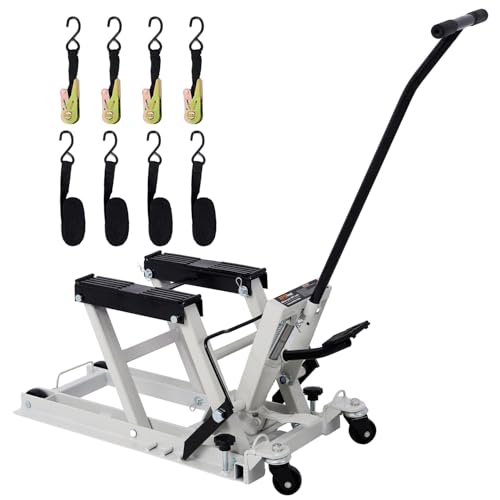 Hydraulic Motorcycle Lift Jack 1500 LBS Capacity, ATV Scissor Lift Jack with 4 Wheels, Foot-Operated Hoist Stand for Motorcycles, ATVs, UTVs, and Powersports, Includes 2 Tie-Down Straps, Gray