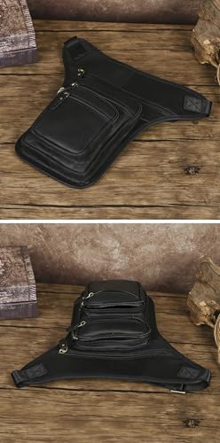 Le'aokuu Mens Genuine Leather Motorcycle Tactic Belt Waist Pack Drop Leg Cross Over Bag - color: 3111 Black