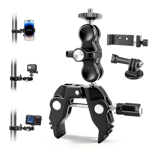 Chelhead Adjustable Phone Camera Holder, 1/4"-20 & 3/8"-16 Threads Universal Tube Mount Fits Up to 3'' Roll Bar Compatible with LED Lights, DSLR Camera, Gopro, Ronin-M, MOVI, Insta360, Tripod/Desk - style: For Camera & Phone