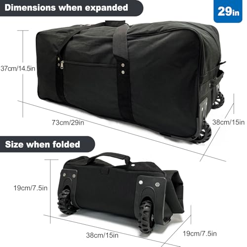 29-Inch Foldable duffle bag with Wheels - Extra Large Rolling Duffel Bag with Wheels, Foldable Heavy-Duty Cargo Duffel for Travel, Camping & Moving, Water-Resistant 600D Oxford, Black - style: 29in