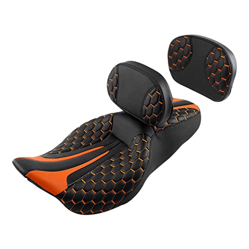 C.C. RIDER Touring Seat Sissy Bar - Passenger Backrest Driver Passenger Sissy Bar for Harley Davidson Touring Road King Street Glide Road Glide Electra Glide CVO 2009-2023 - color: Black Orange Rider Seat + Backrest