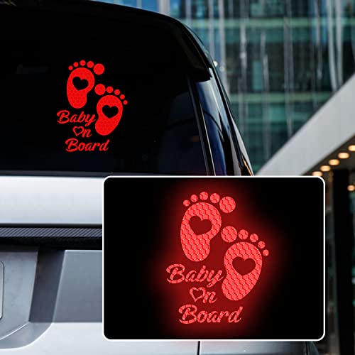 High Intensity Reflective Baby on Board Car Sticker Waterproof Cute Footprint Baby in Car Decal Safety Warning Sign Kids on Board Decal for Car Bumper Window (Red) - color: Red