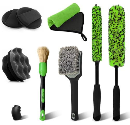 YeewayVeh 8PCS Ultimate Wheel and Tire Brush Kit | 2-Size 360° Bendable Rim Brushes, Boar Hair Detailing Brush, Tire Shine Applicators & Microfiber Towel | Complete Scratch-Free Cleaning & Shining Set - color: Green/Black/Gray, size: 8-Pack