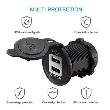 Dual USB Power Adapter Charger Socket Waterproof Power Outlet 5V 2.1A & 1A for Car Boat Marine Motorcycle RV Truck Camper Vehicles and More