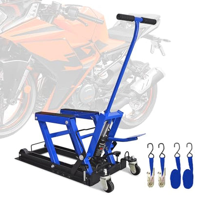 Hydraulic Motorcycle Lift Jack, 1500 LBS Capacity, ATV Scissor Lift Jack Portable Motorcycle Lift Table with 4 Casters, Hydraulic Foot-Operated Hoist Stand for Motorcycle ATV UTV Powersports, Blue