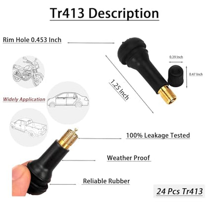 Valve Stem Puller and Installer, 24Pcs Tr413 Snap-in Tire Valve Stems, 10Pcs Valve Cores, 10Pcs Tire Valve Caps and Valve Core Removal Tool