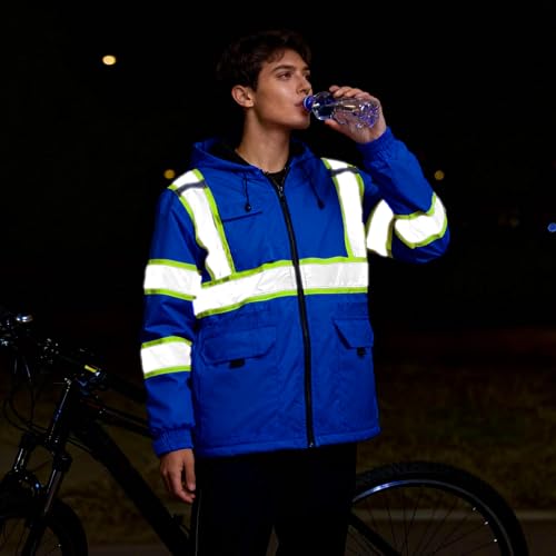 KARXICIY ZUJA Hi Vis Reflective Safety Jacket for Men Women Construction Jacket with Hood High Visibility Safety Rain Jacket - color: Blue - Thickening, size: Small