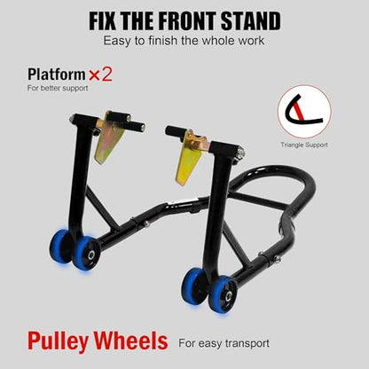 Motorcycle Front & Rear Wheel Lift Stand Combo, 440lbs per stand (880lbs Total) Steel Paddock Stands with Adjustable Fork & Swingarm Spool Heads