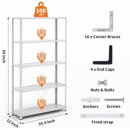 Storage Shelves, Heavy Duty Garage Storage Shelves 5-Tier Metal Shelving Unit for Kitchen Pantry Basement Bathroom Laundry, Adjustable Shelving, 2500 LBS Capacity, 35.4" L x 12" W x 68" H - size: 68"D x 35.4"W x 12"H-White