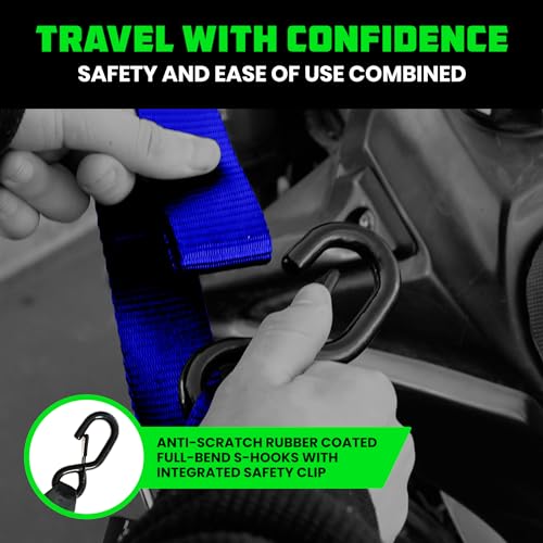 Rhino USA Motorcycle Tie Down Straps (2 Pack) Lab Inspected 2,200lb Break Strength, Steel Cambuckle Tiedown Set with Integrated Soft Loops - Better Than a Ratchet Strap (Blue 2-Pack) - color: Blue 2-Pack