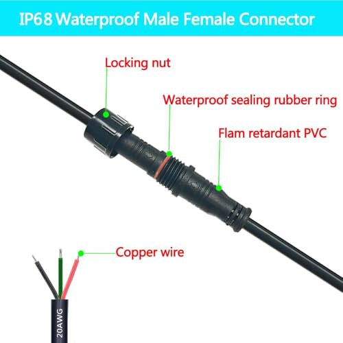 3pin Waterproof Connector,20AWG IP68 3Pin Male Female Plug LED Connector,with 30CM Extension Cable for Car,Indoor/Outdoor LED Strip Lights. - size: 20AWG 3Pin waterproof connector