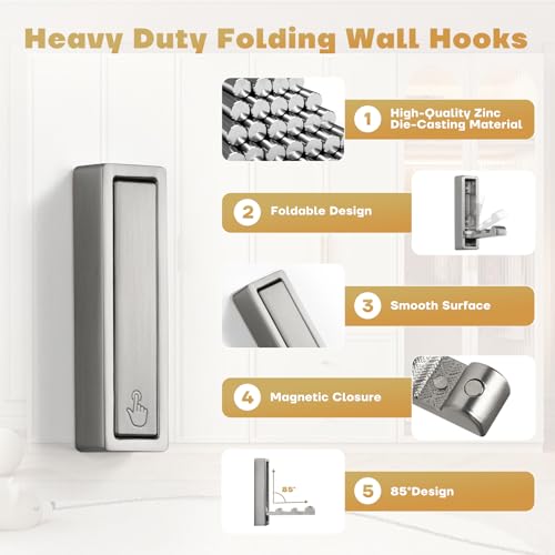 Folding Wall Hook, 2Pcs Foldable Coat Hooks Mounted, Heavy Duty Zinc Alloy No Rust Fold Up Hooks for Hanging Coat, Towel, Key, Hat, Bag, Jacket, Backpack (Brushed Nickel) - color: Brushed Nickel, size: 2