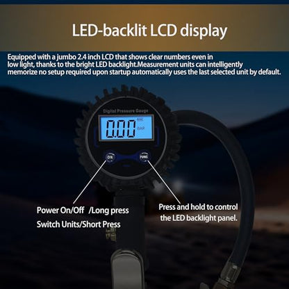 SUVCARMPING 250 PSI Digital Tire Pressure Gauge, Heavy Duty Air Pressure Gauge (±1% Accurate) with Lock-on Air Chuck, LED Backlit LCD and 4-Way Valve Tool for Heavy Trucks, RVs, Cars, Blue - size: blue(Lock-on Air Chuck)