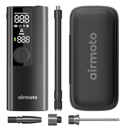 Airmoto and Carrying Case Bundle Deal - Tire Inflator Portable Air Compressor with Hard Case - Air Pump for Car Tires, Motorcycle, Bicycle - Cordless Tire Pump with Tire Pressure Gauge