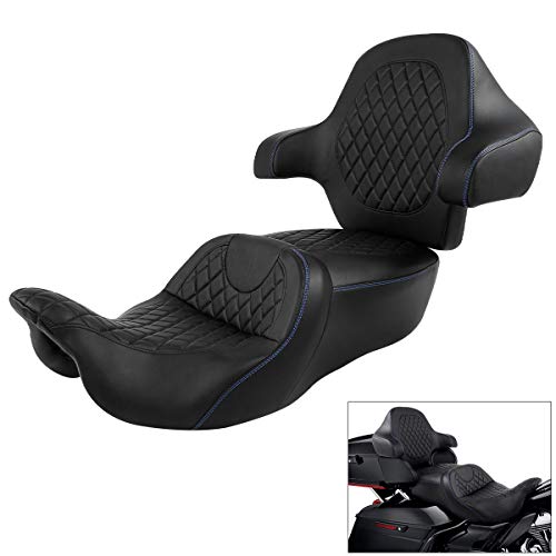 C.C. RIDER Driver Passenger Seat with Wrap-around King Tour Trunk Backrest Pad Sissy Bar fit for Harley Touring Road King FLHR Street Glide FLHX Road Glide FLTRX Electra Glide 2014-2023 - color: 04# Blue+ Passenger Backrest