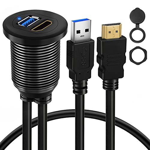 USB 3.0 & HDMI to HDMI + USB 3.0 Car Mount Flush Cable, Alloy Shell Dash Panel Extension Cable with LED Indicator for Car Boat Motorcycle 1ft - style: USB3.0 & HDMI 1ft