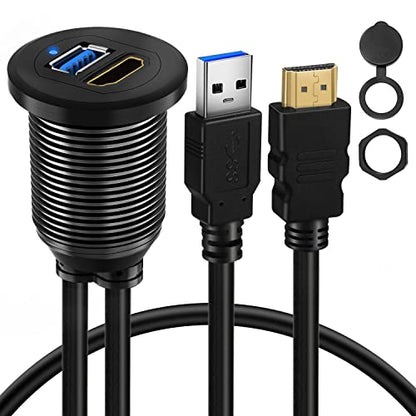 USB 3.0 & HDMI to HDMI + USB 3.0 Car Mount Flush Cable, Alloy Shell Dash Panel Extension Cable with LED Indicator for Car Boat Motorcycle 1ft - style: USB3.0 & HDMI 1ft