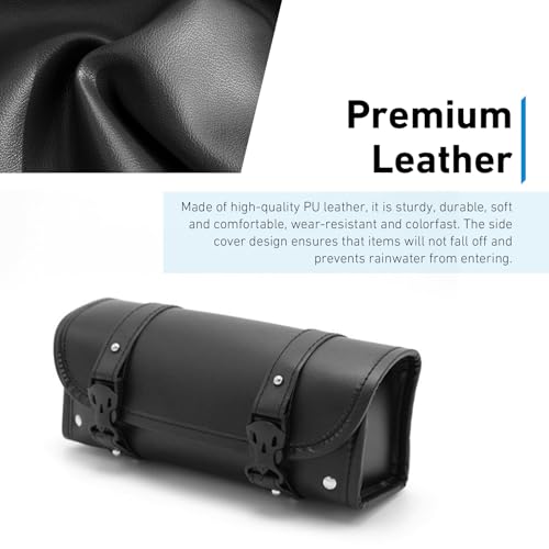 Motorcycle Fork Bag, Waterproof Leather Front Handlebar Saddle Bags, 11.61 x 3.54 x 4.72 Inches Sissy Bar Storage Pouch with Straps, Universal for Most Motorcycles, Bikes (Black)