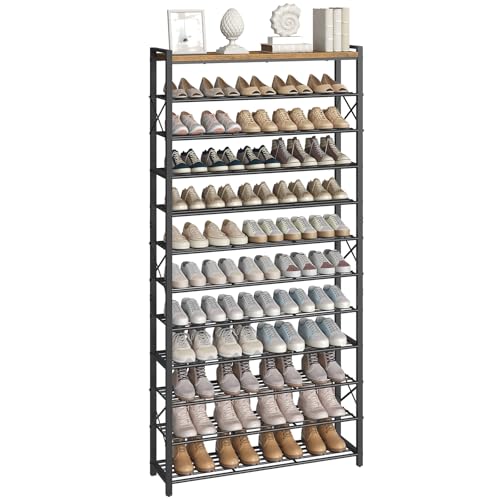 YATINEY 12-Tier Shoe Rack, 39.4" L Shoe Shelf for 54-60 Pairs of Shoes, Tall Shoe Storage Organizer with Metal Frame, Large Capacity Shoes Rack for Entryway, Closet, Rustic Brown and Black SS40BR - size: 39.4" x 11" x 83"
