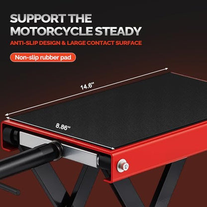 TUFFIOM 1100LBS Motorcycle Scissor Lift Jack，Height Adjustable with Rubber Top Surface & Safety Pin, Foldable Motorcycle Center Stand for Dirt Bike ATV, Red - size: w/Rubber Top Surface