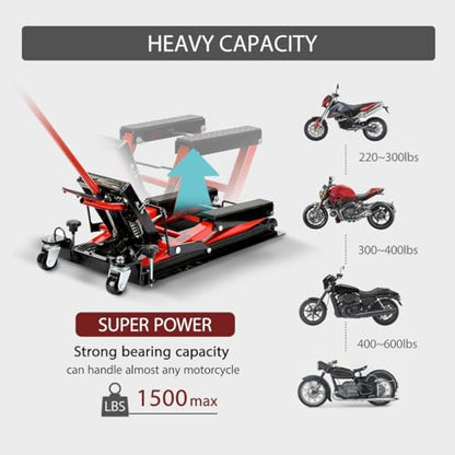 VIVOHOME 1500 LBS Hydraulic Motorcycle Lift Jack, Heavy-Duty Steel ATV Lift Stand with Wheels & Handle, for Motorcycles, Dirt Bikes, ATVs (Red) - color: Red