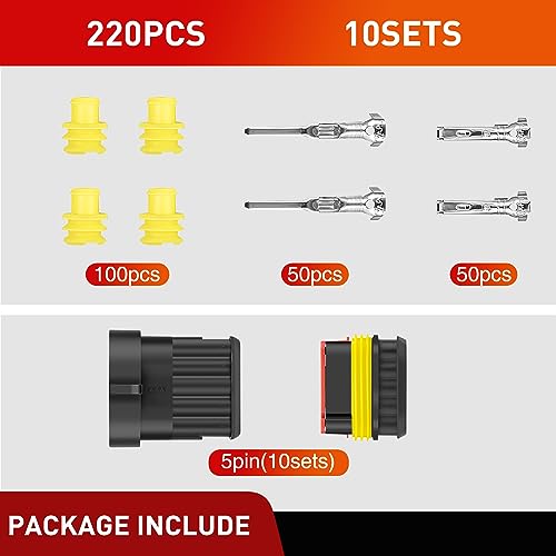 Nilight 220PCS 5 Pin Electrical Connector ‎Plug Male Female Terminal Wire Connectors Waterproof 5 Way Automotive Connect Set for Car Truck Motorcycle Marine Boat 10 Sets - size: 5Pin Connector 200Pcs