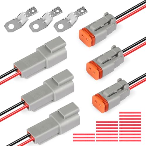 DT 2 Pin Waterproof Electrical Deutsch Connector Kit - 14 AWG Wire, Male & Female Plug Automotive Wiring Harness for Car, Truck, Boat, Motorcycle, LED Light - 3 Pack (Grey) - size: 14AWG