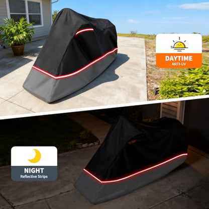 Full Enclosed Motorcycle Cover - Waterproof for Outdoor & Indoor Storage, Heavy 600D Duty with Reflective Strips, Fits Scooters & Touring Motorcycles up to Length86.6" x 45" x 53"Black&Gray - size: 86.6"L-45"W-53"H