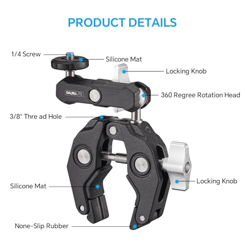 Super Clamp Camera Clamp Mount Monitor 360°Ballhead Magic Arm Double Ball Head Adapter with 1/4"-20 & 3/8"-16 Thread for Canon Nikon DSLR Camera/Gopro/LED Light Ronin-M/Ronin MX/FreeflyMOVI