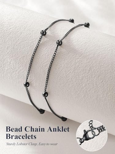 U7 Silver/Gold Ankle Bracelets for Women Layered Chain Anklets Stainless Steel Waterproof Summer Beach Anklet Cham, Adjustable 8.5"-10.5" - color: Black - Layered Ball Chain