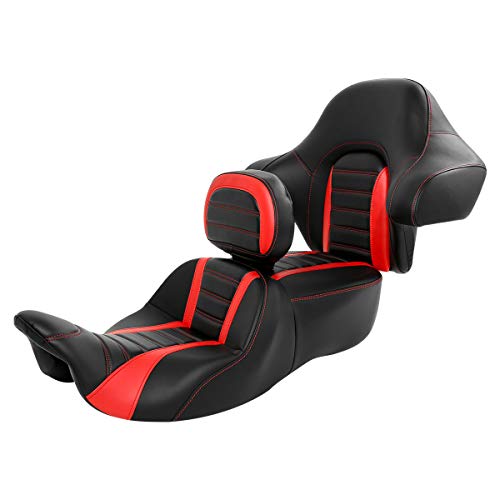 C.C. RIDER Driver Passenger Seat with Rider Backrest and King Tour Trunk Backrest Pad fit for Harley Touring Road King Street Glide Road Glide Electra Glide 2014-2023 - color: 02# Red (Seat With Backrests)