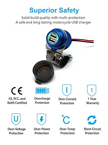 Cliff Top Motorcycle USB Charger Waterproof Dual USB Port 4A 20W Aluminium, with Magnetic Power Switch Heavy Duty for 7/8’’ and 1’’ Handlebars - Prevents Battery Drain (Blue) - color: Blue