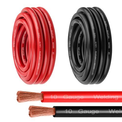MOOKEERF 10 Gauge Battery Cable - 5FT Red + 5FT Black 10 AWG Welding Cable Flexible Stranded Oxygen-Free Pure Copper Wire for Automotive, Battery, Inverter, Solar, Marine and Generator - color: 5ft Black + 5ft Red, size: 10AWG