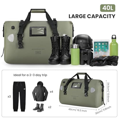 HOMIEE 40L Waterproof Duffel Bag, Waterproof Motorcycle Dry Travel Bag Tail Bag with Roll Top Closure & Shoulder Straps Outer Mesh Zipper Pocket for Camping, Kayaking, Fishing & Traveling - color: Green