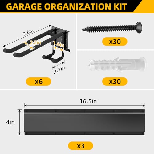 GRENPRO Garage Tool Organizer Wall Mount with 49.5 inches Rails and 6 Double-layer Hooks, Heavy Duty Tool Rack, Garage Storage Rack For Yard Tools - size: 49.5 inch