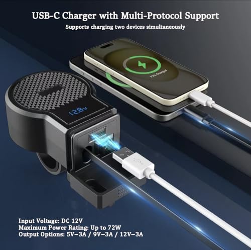 Motorcycle Phone Charger for Honda GL1800 Gold Wing 2001-2024, Dual USB Charging Outlet with Voltmeter, On/Off Switch, and Handlebar or Flat Surface Mounting Options