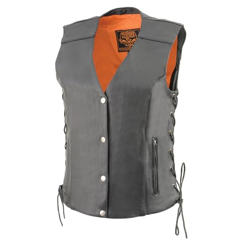 Milwaukee Leather Women's Black Leather Classic V-Neck Side Lace Motorcycle Rider Vest W/Front Snap Closure MLL4500 - size: X-Large